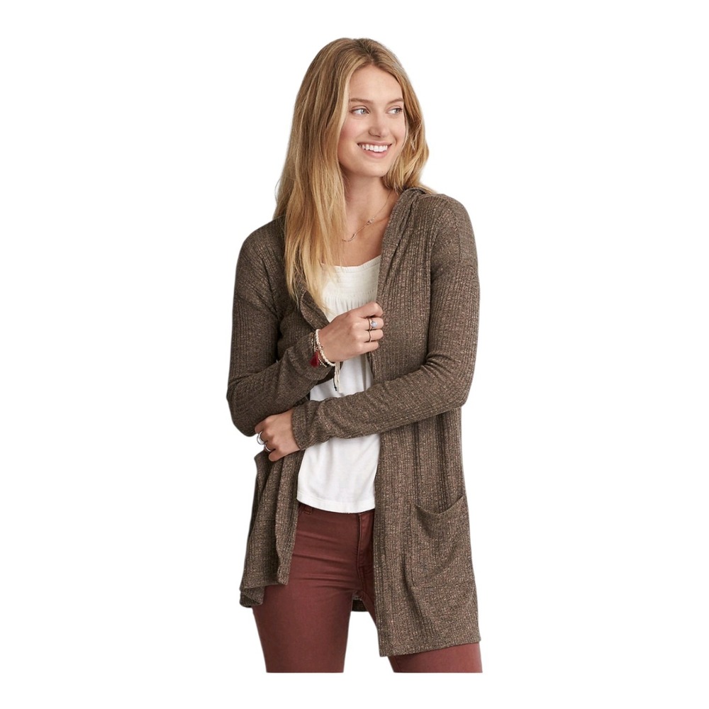 American Eagle Outfitters Women's Med Longline Cocoa Brown Hooded Knit Cardigan